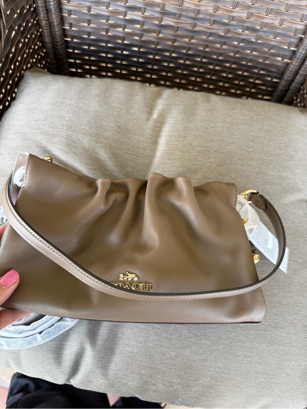 COACH Taupe Gathered Leather Shoulder Bag with Gold Logo - Picture 10 of 10